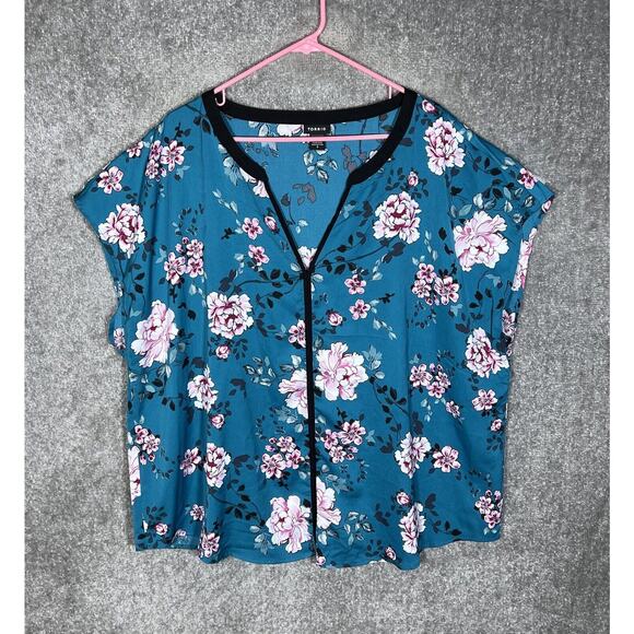 Torrid Contrast‎ Piping Georgette Dolman Top Womens Size 3X Teal Pink Floral - Picture 1 of 6